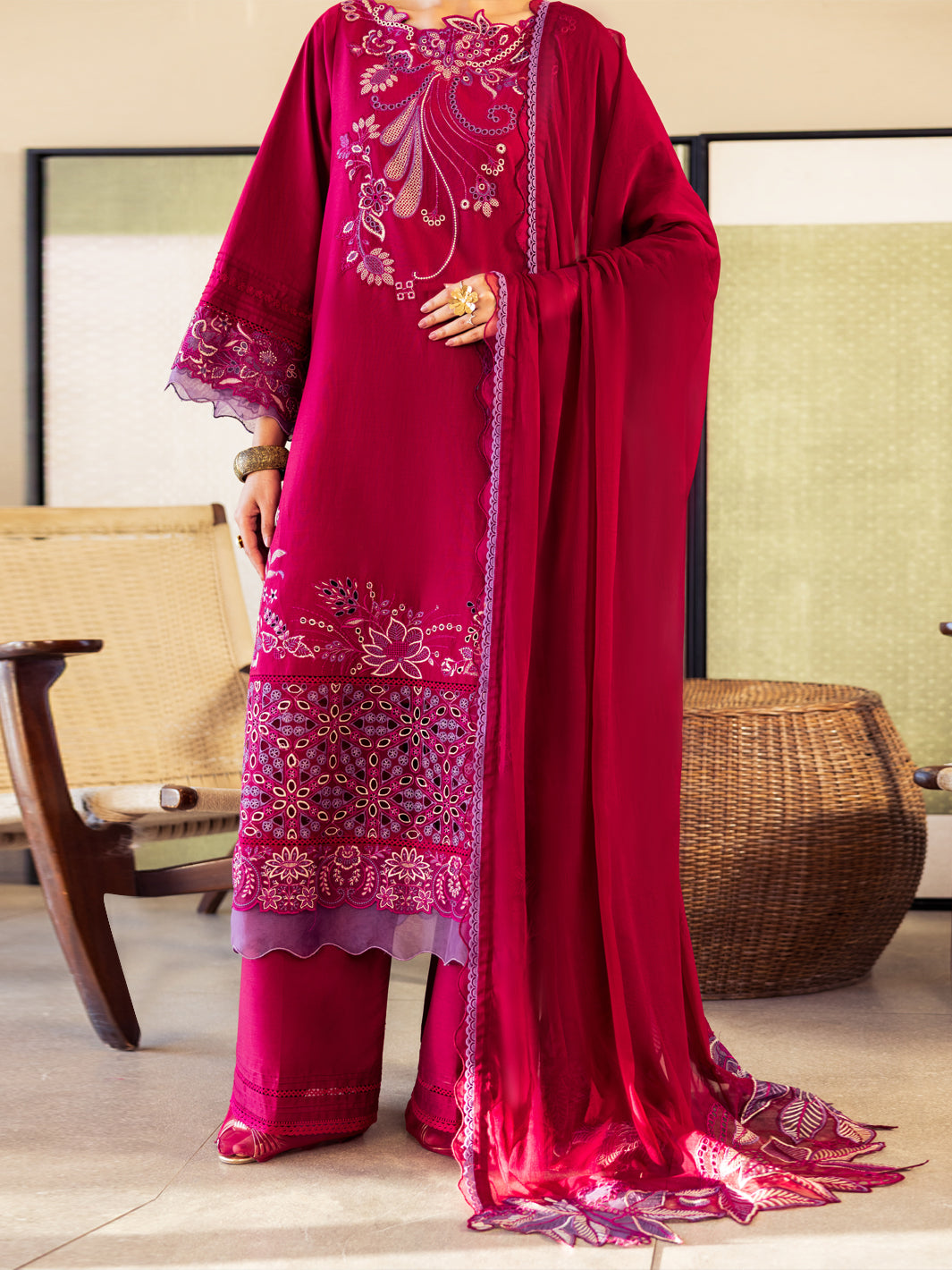 Fuchsia Cotton Stitched 3Pc - ALP-3PS-2644