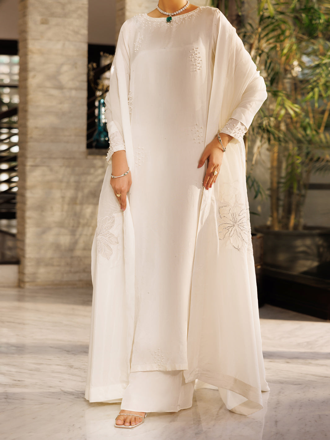 Off White Silk 3Pc Stitched  - Women Stitched 3 Piece | ALMIRAH
