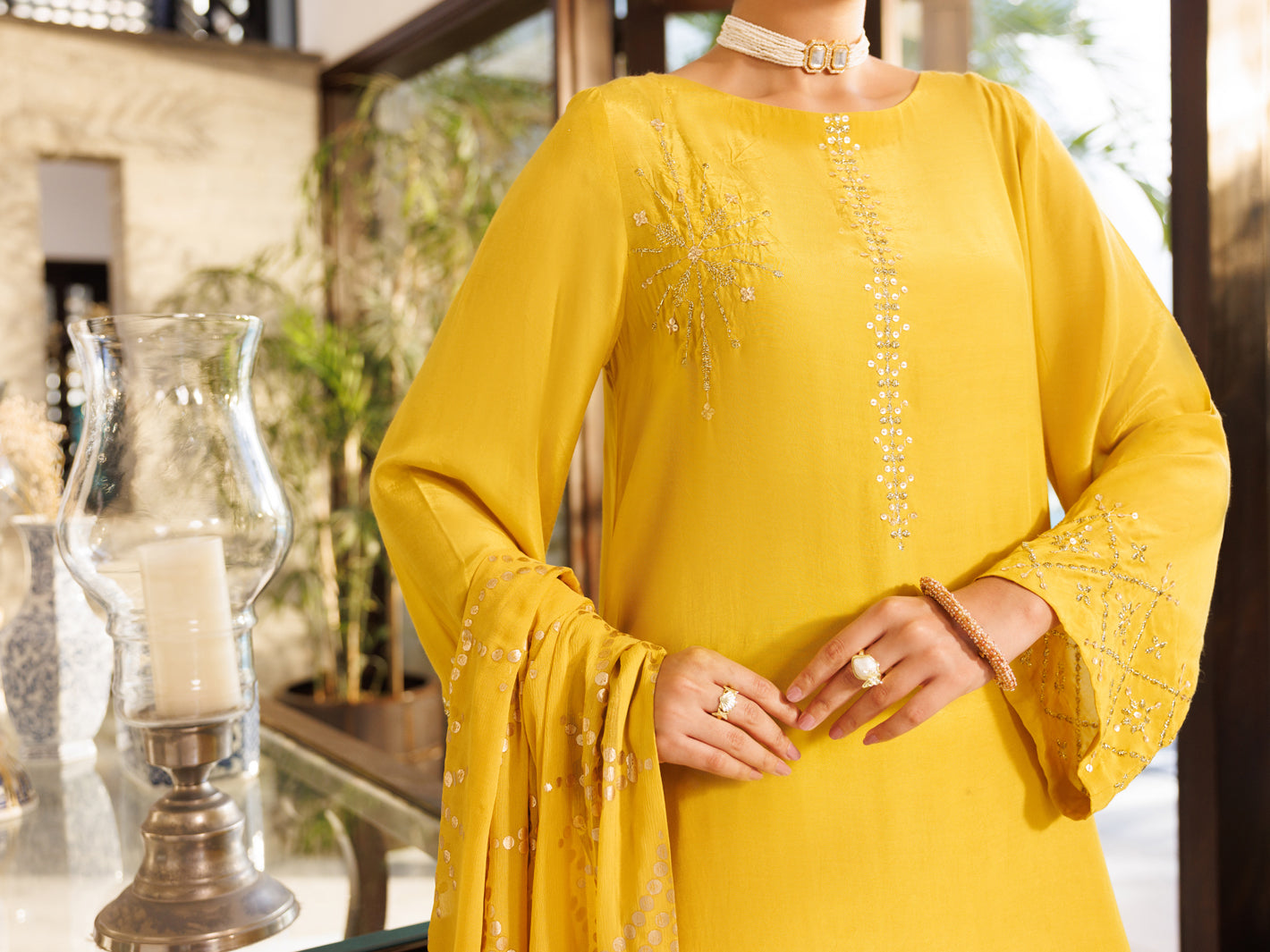 Yellow Viscose Sheesha Silk Stitched 3Pc- ALP-3PS-2670