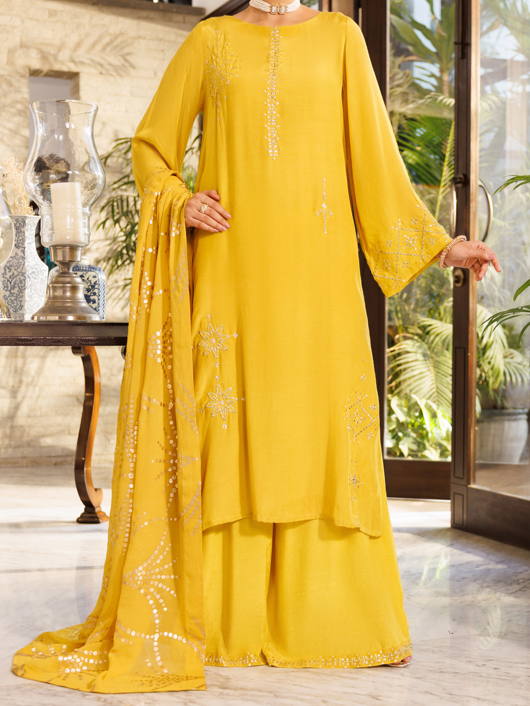 Yellow Viscose Sheesha Silk Stitched 3Pc- ALP-3PS-2670