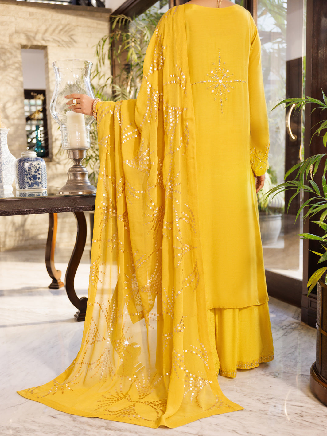 Yellow Viscose Sheesha Silk Stitched 3Pc- ALP-3PS-2670
