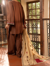 Brown Cotton Dobby Stitched 3Pc - ALP-3PS-2671