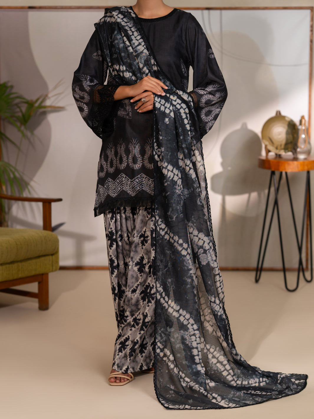 Black Swiss Jacquard Unstitched 3PC - ALP-3PS-2727