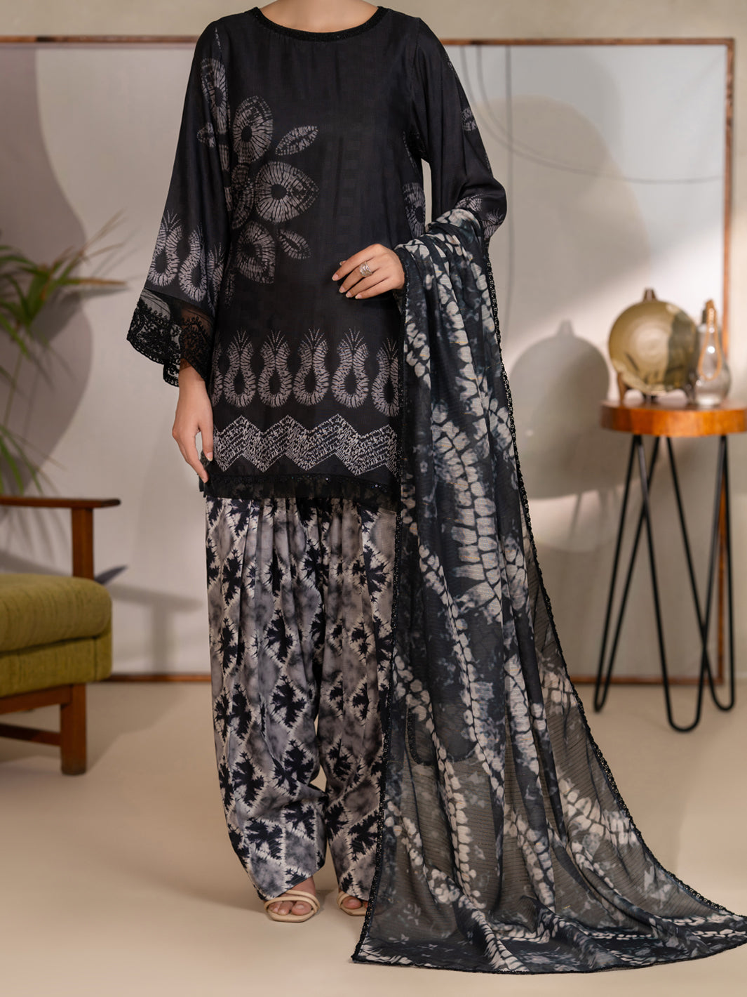 Black Swiss Jacquard Unstitched 3PC - ALP-3PS-2727 Front Main