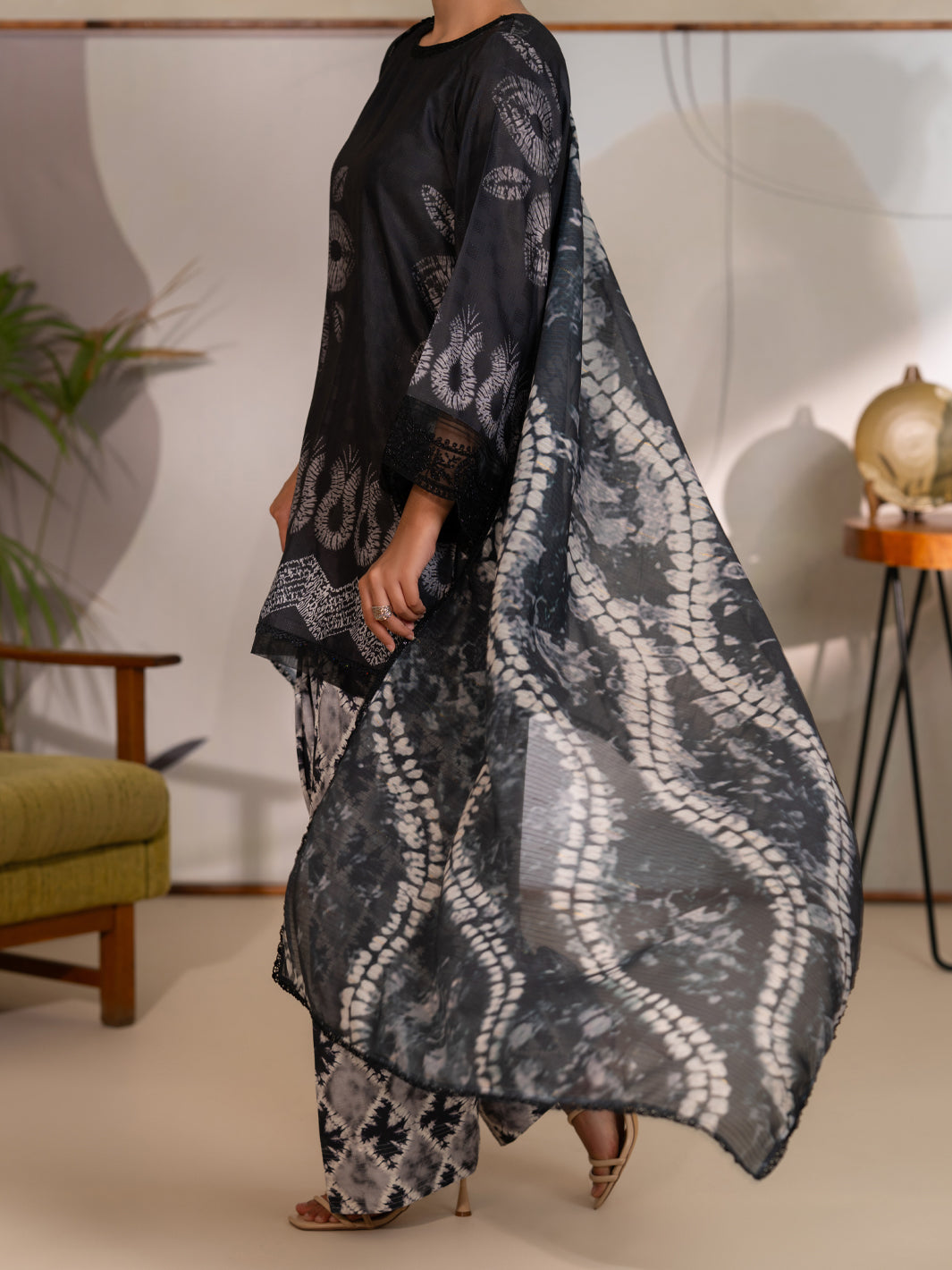 Black Swiss Jacquard Unstitched 3PC - ALP-3PS-2727