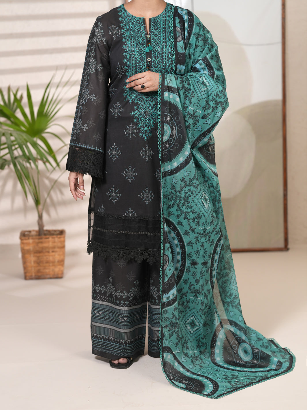 Charcoal Cambric Unstitched 3Pc - ALP-3PS-2748 Front Main