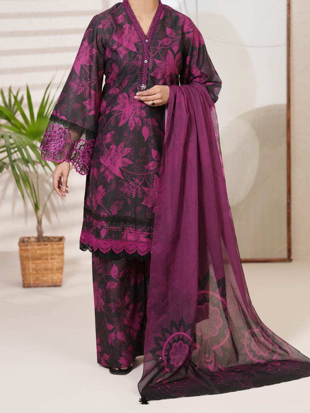 Magenta Cambric Unstitched 3 Piece - ALP-3PS-2749 Front Main
