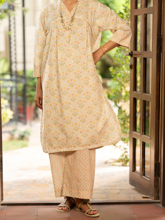 Cream Lawn Co-Ord Set - ALP-2PS-SLKS-2773
