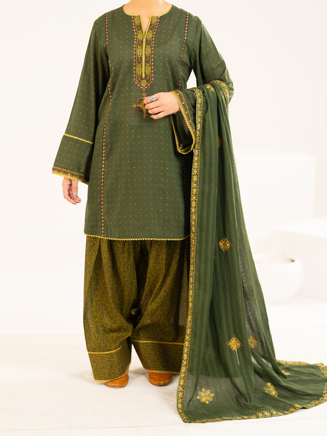 Mehndi Green Lawn Stitched 2Pc  - Women Stitched 2 Piece | ALMIRAH