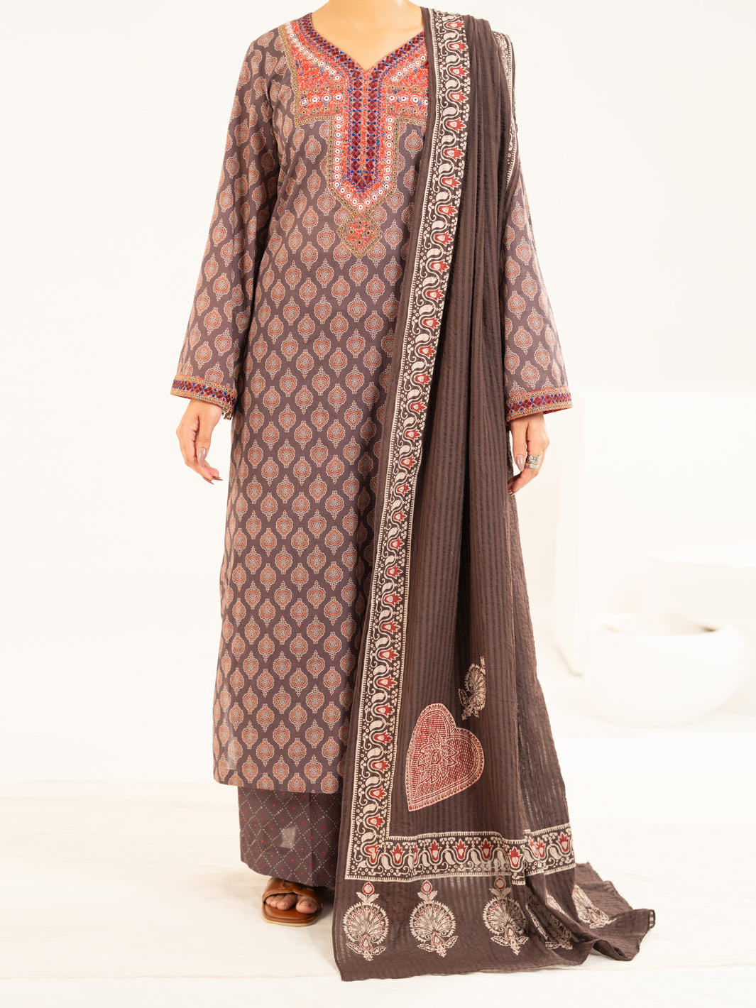 Brown Lawn Stitched 2Pc  - Women Stitched 2 Piece | ALMIRAH