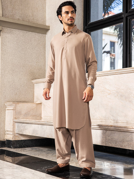 Sand Brown Blended Kameez Shalwar - ALWA-KS-416 - Almirah Online