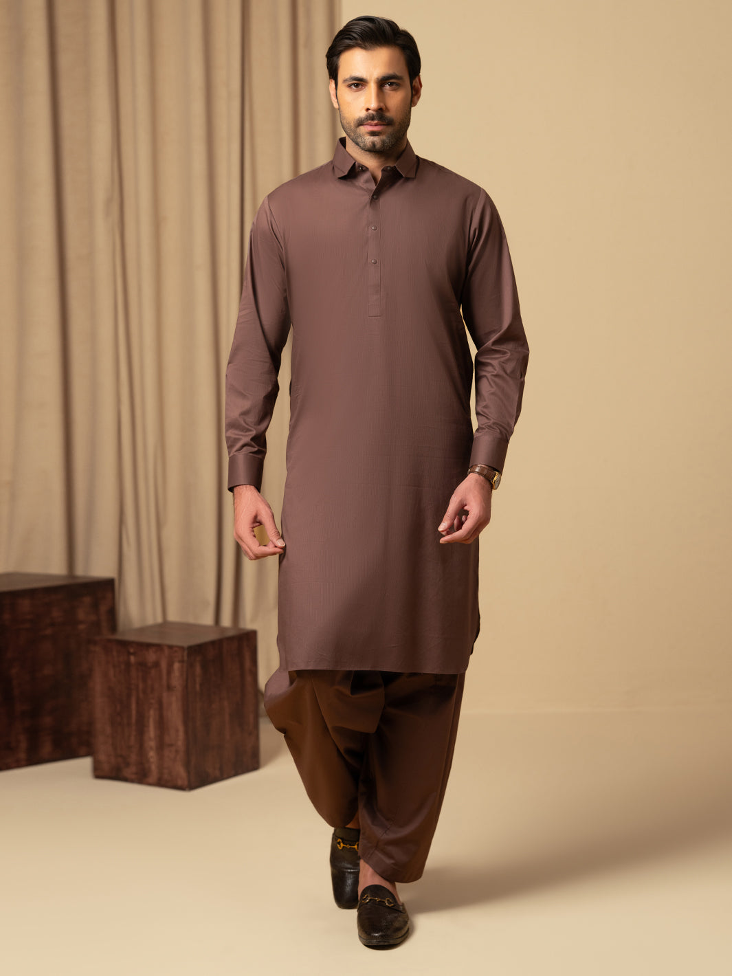 Brown Cotton Kameez Shalwar - ALWA-KS-543