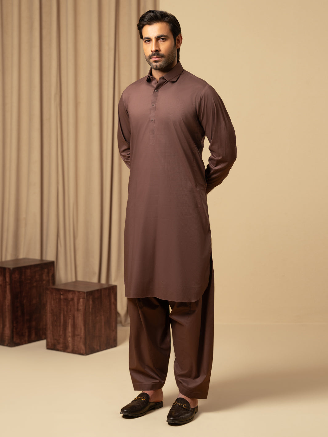 Brown Cotton Kameez Shalwar - ALWA-KS-543