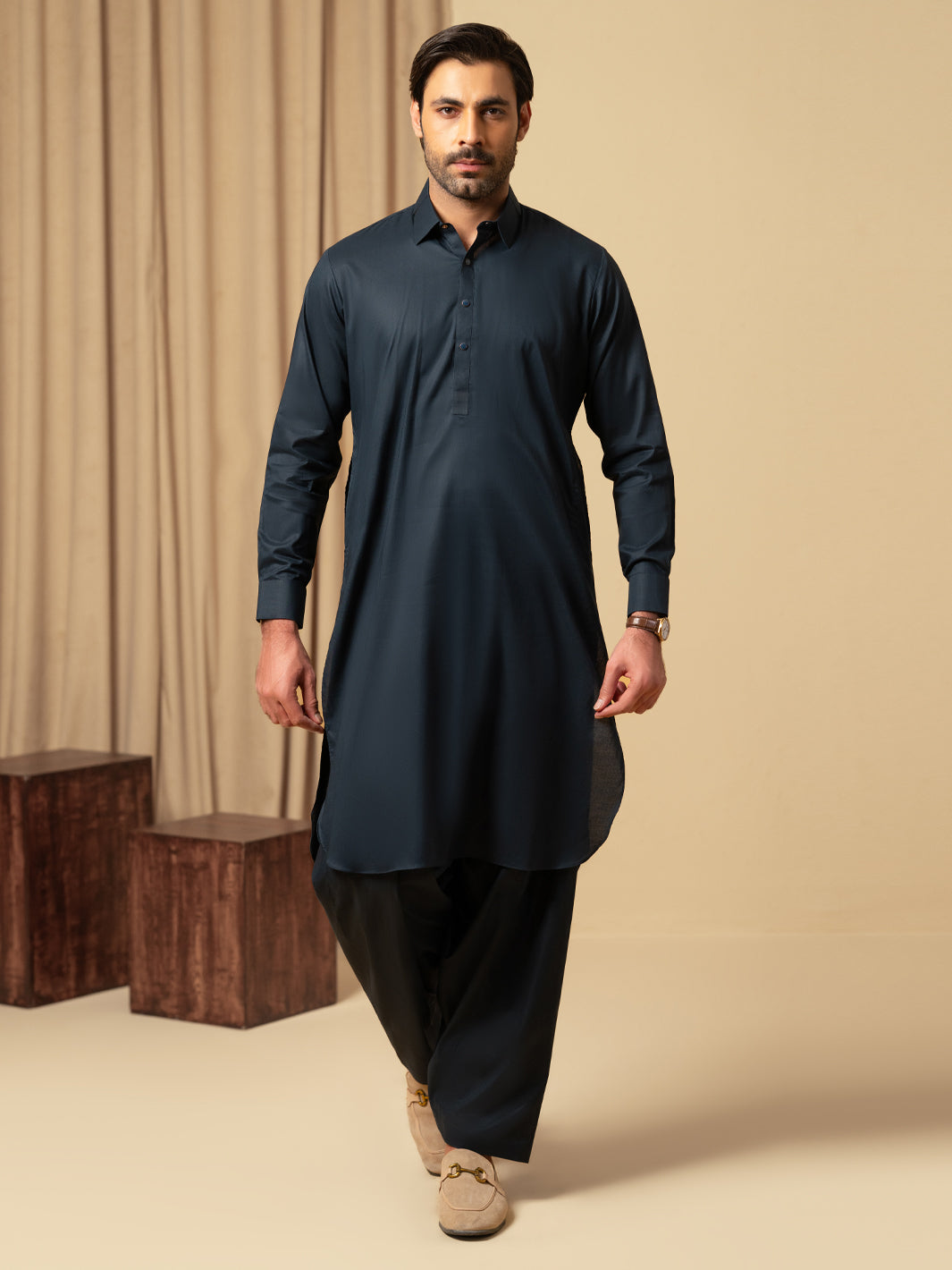 Navy Blue Cotton Kameez Shalwar - ALWA-KS-571
