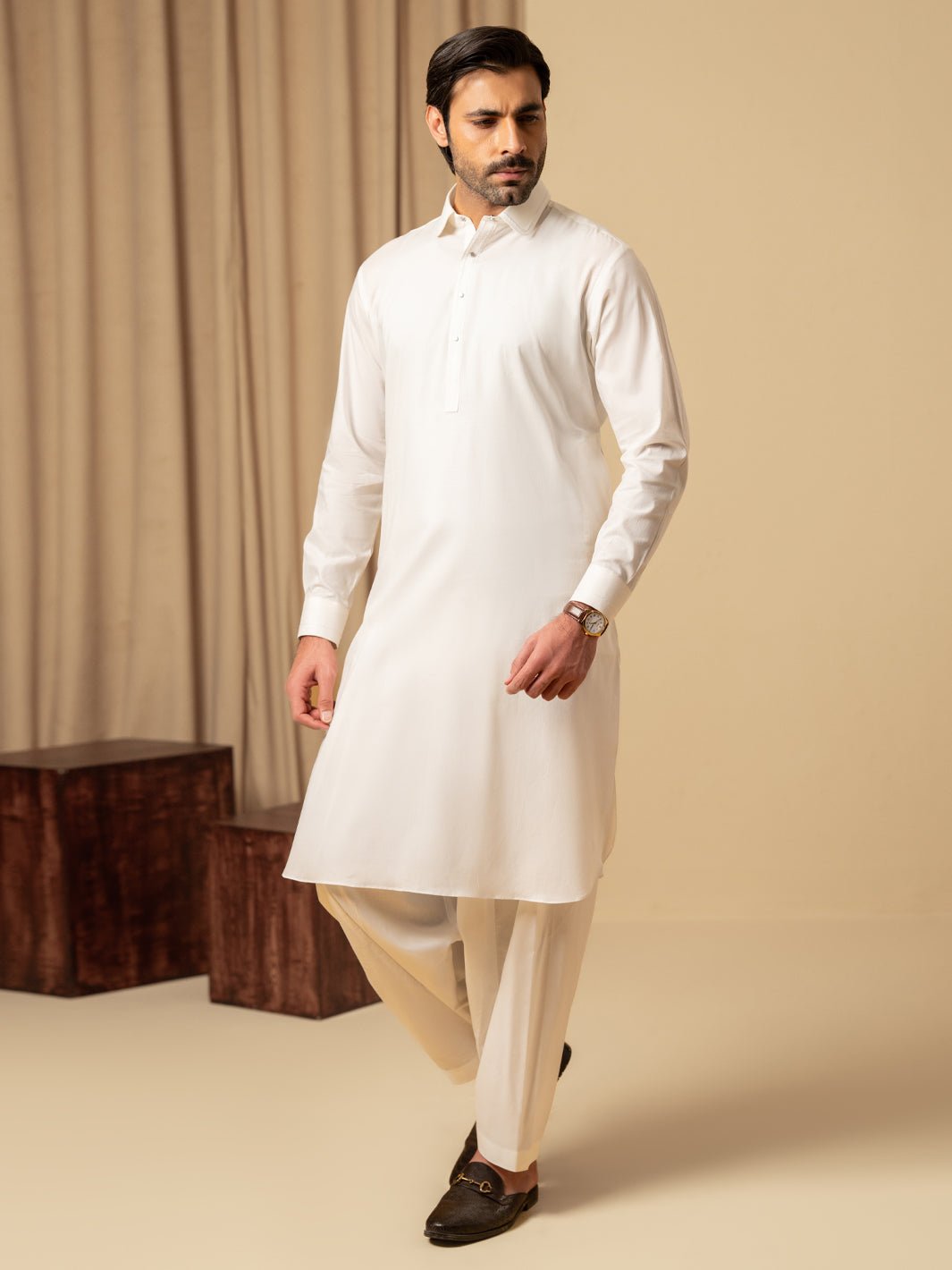 Off White Cotton Kameez Shalwar - ALWA-KS-581