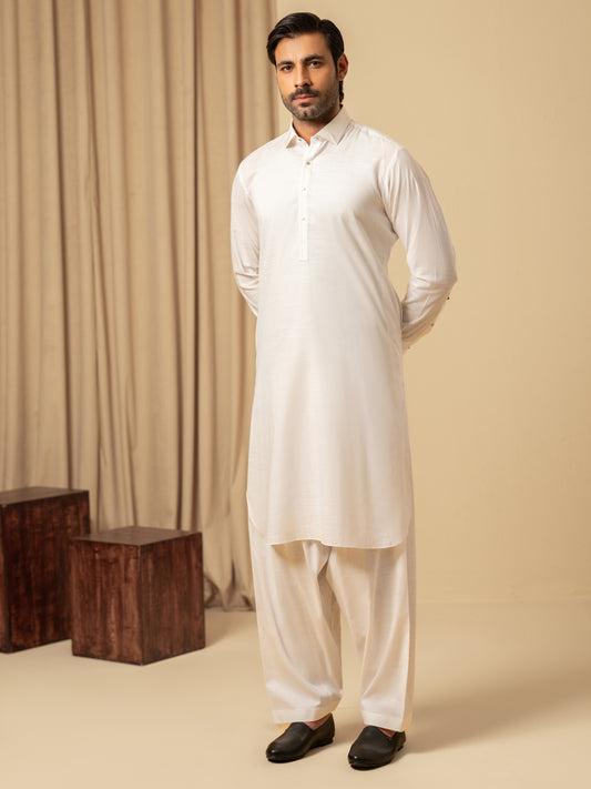 White Cotton Kameez Shalwar - ALWA-KS-584