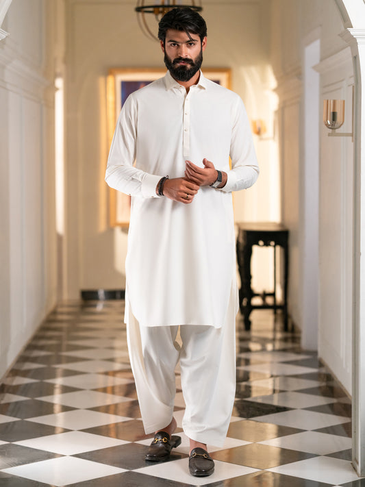 White Cut & Sew Kameez Shalwar - ALWA-KS-617