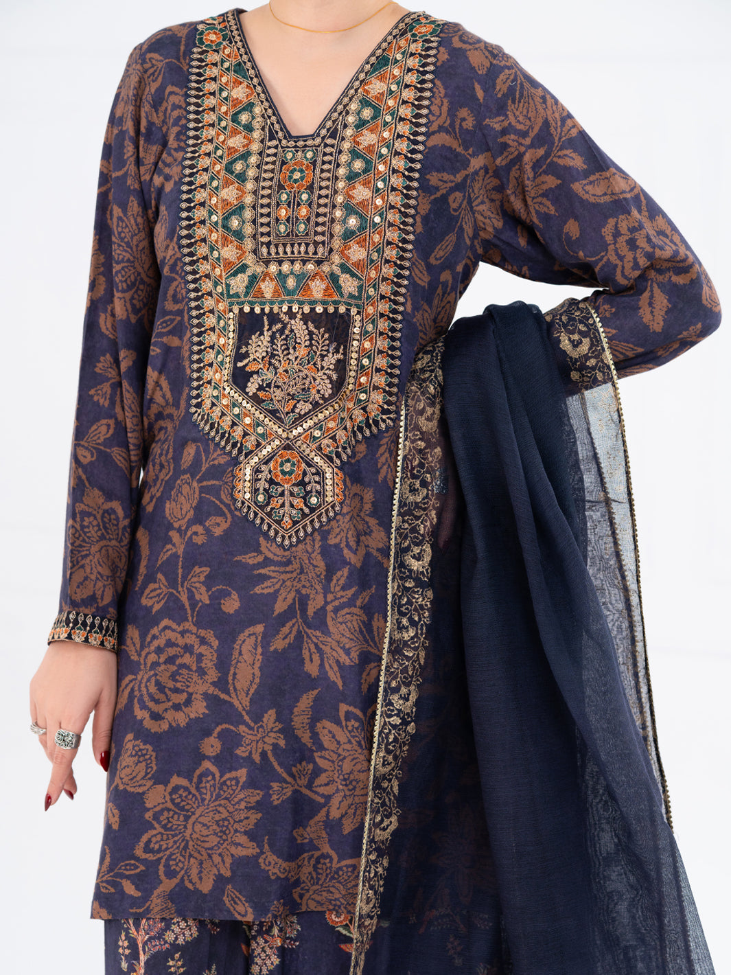 Navy Blue Poly-Raw Silk 3Pc Stitched - AWP-3PS-755