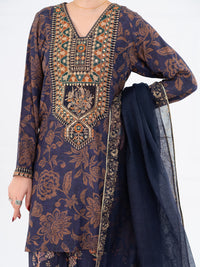 Navy Blue Poly-Raw Silk 3Pc Stitched - AWP-3PS-755