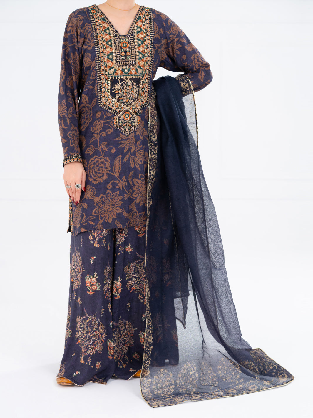 Navy Blue Poly-Raw Silk 3Pc Stitched - AWP-3PS-755