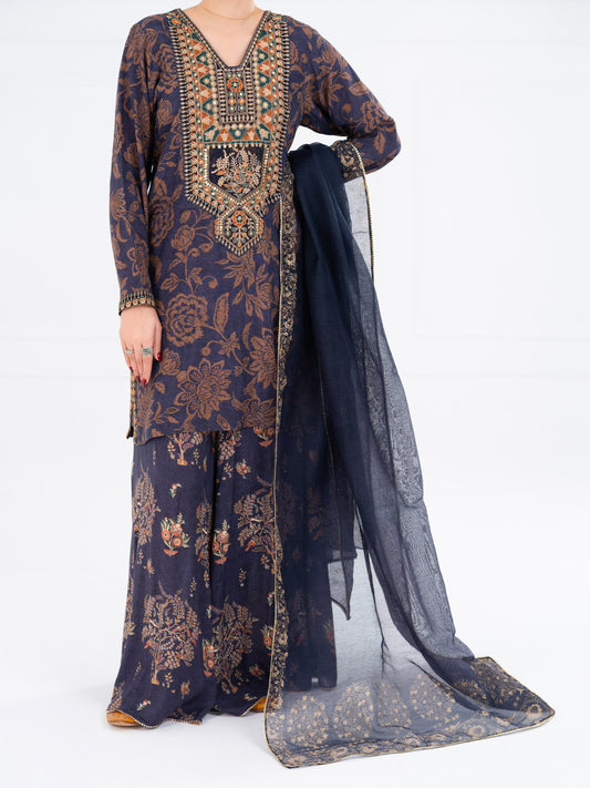 Navy Blue Poly-Raw Silk 3Pc Stitched - AWP-3PS-755