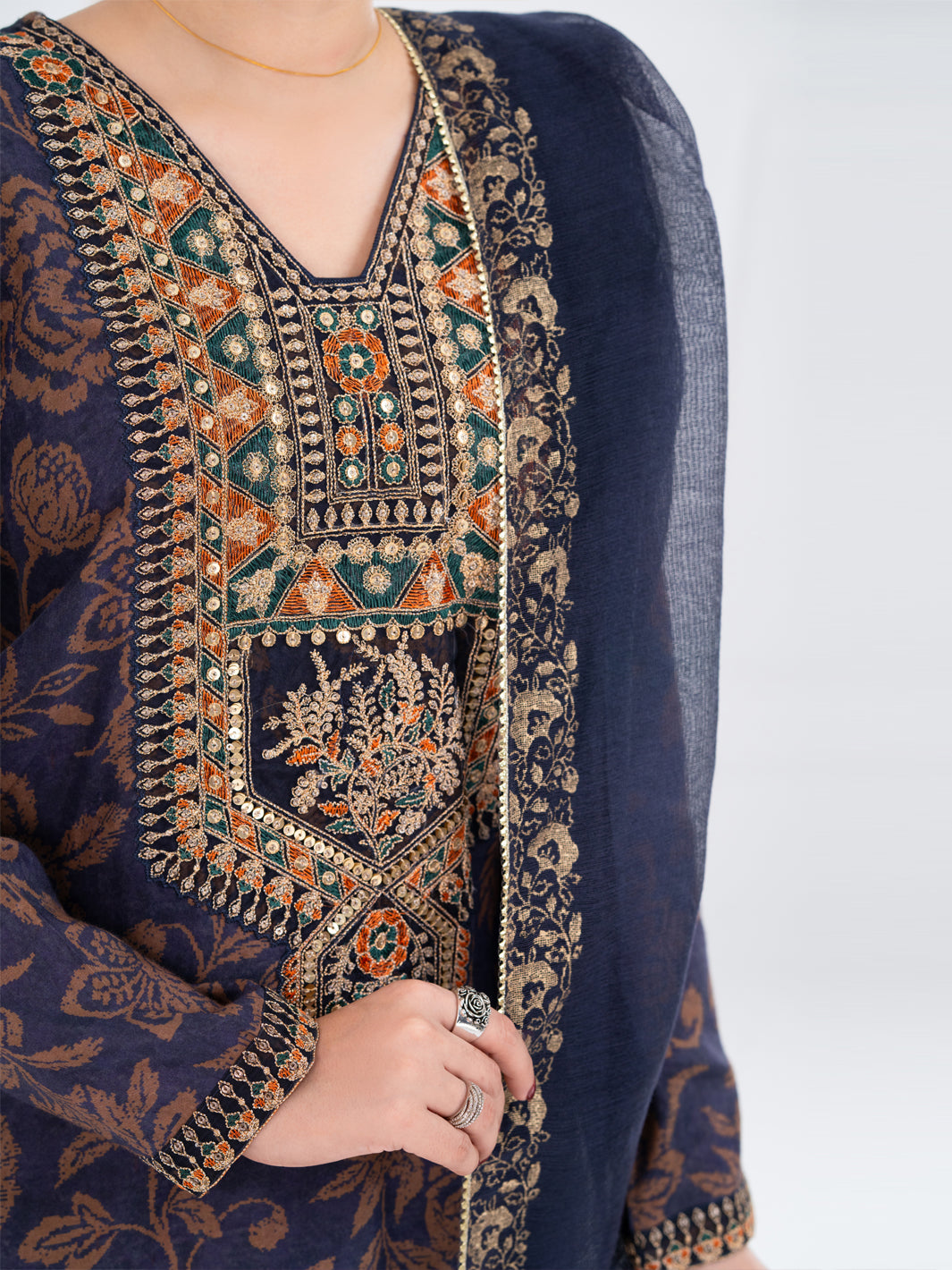 Navy Blue Poly-Raw Silk 3Pc Stitched - AWP-3PS-755