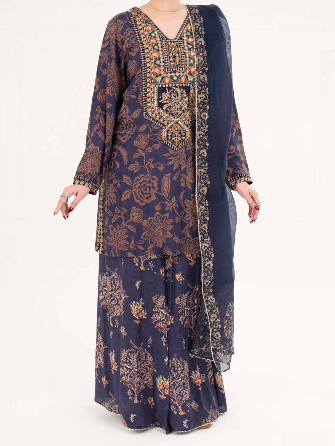 Navy Blue Poly-Raw Silk 3Pc Stitched - AWP-3PS-755