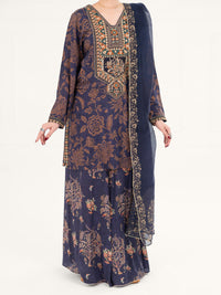 Navy Blue Poly-Raw Silk 3Pc Stitched - AWP-3PS-755