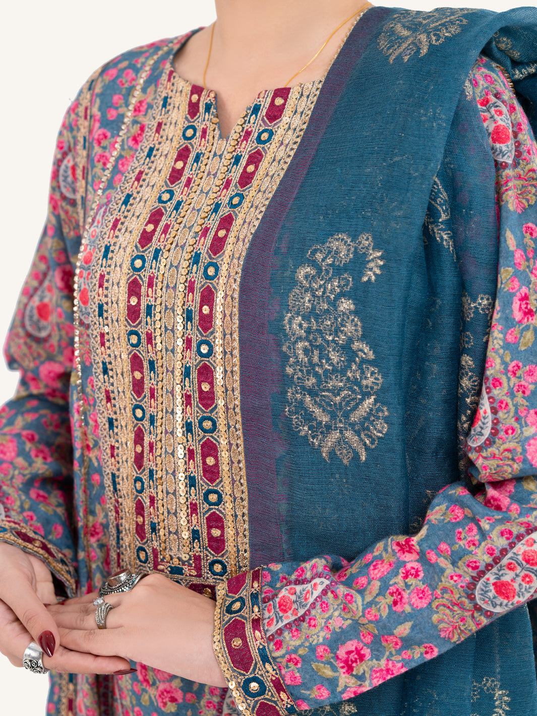 Teal Poly-Raw Silk 3Pc Stitched - AWP-3PS-756