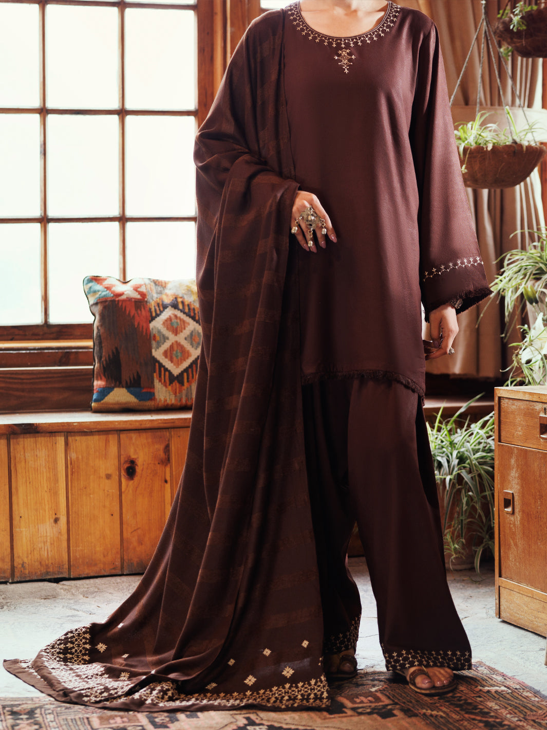 Dark Brown Viscose Karandi Dyed 3Pc Stitched - AWP-3PS-761