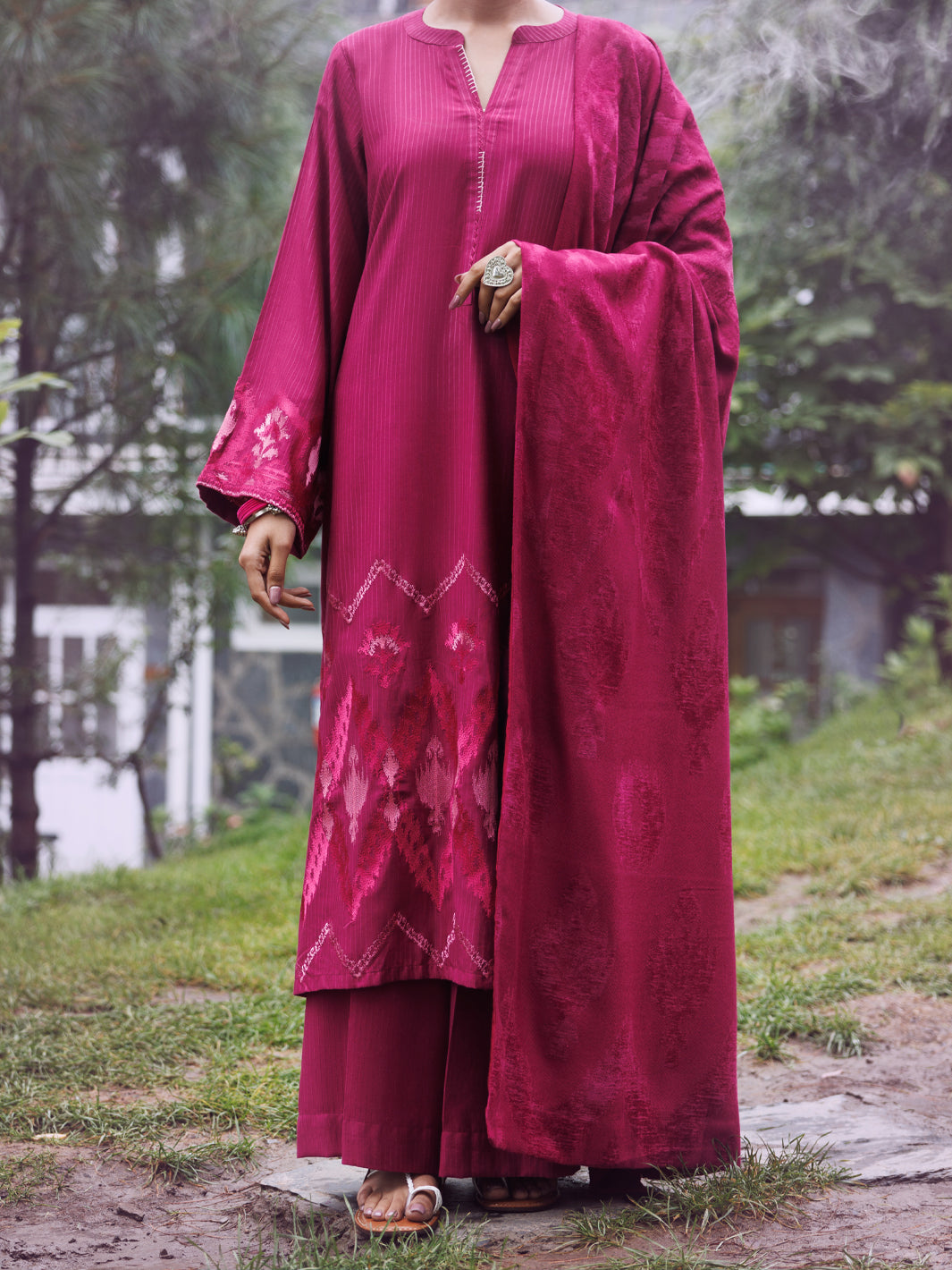 Pink Velvet Stripe 3Pc Stitched - AWP-3PS-766