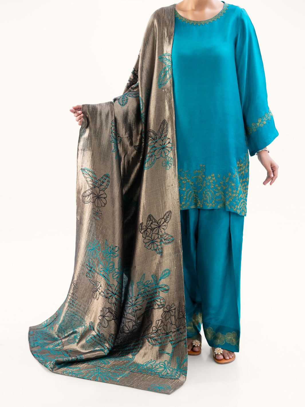 Turquoise Taffeta Silk 3Pc Stitched - AWP-3PS-776