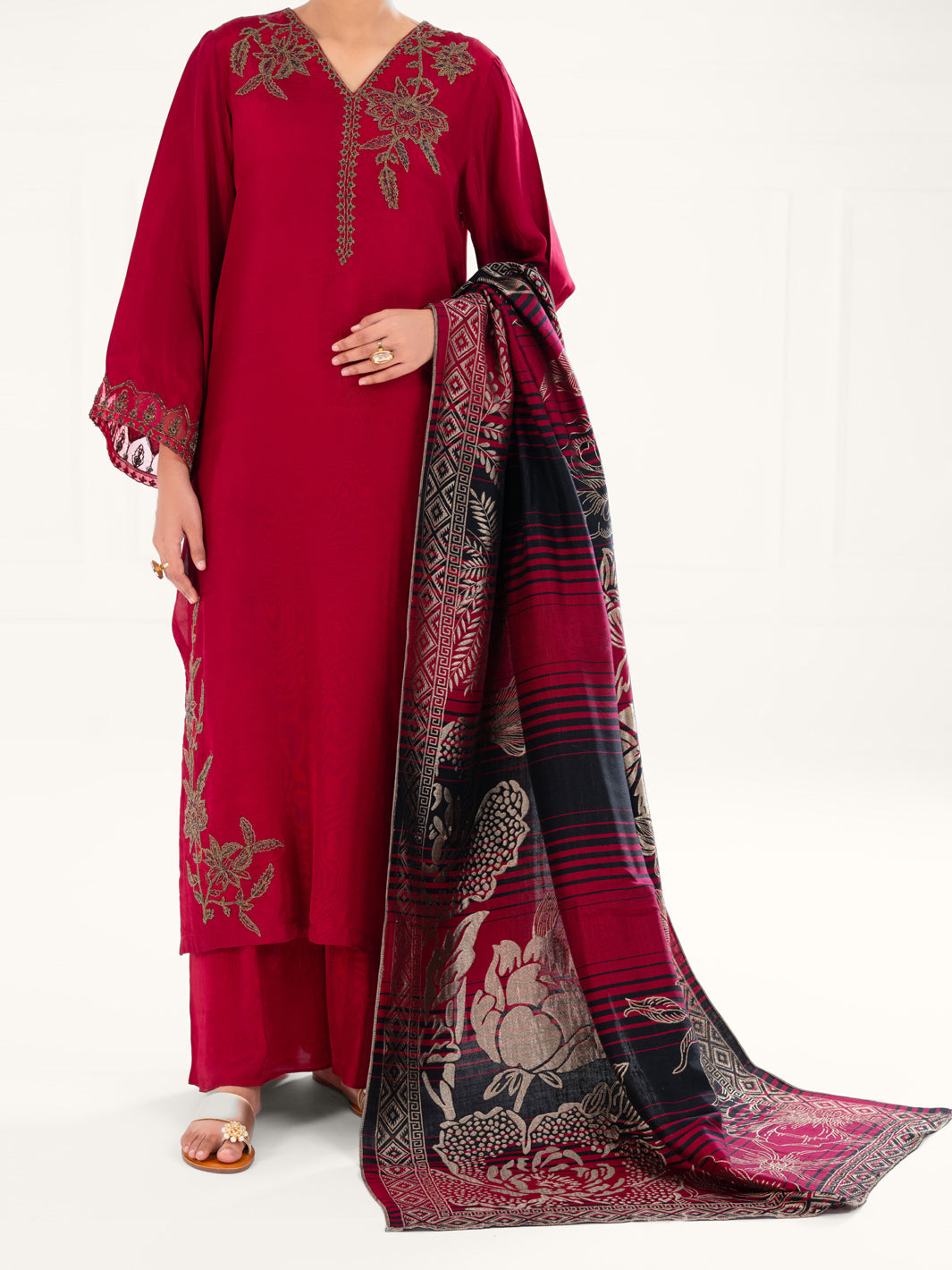 Red Taffeta Silk 3Pc Unstitched - AWP-3PS-778