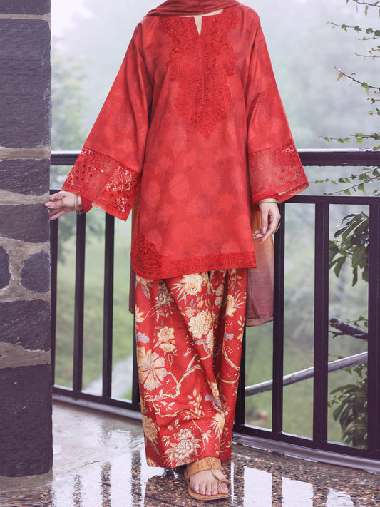 Red Poly Jacquard 3Pc Unstitched - AWP-3PS-797
