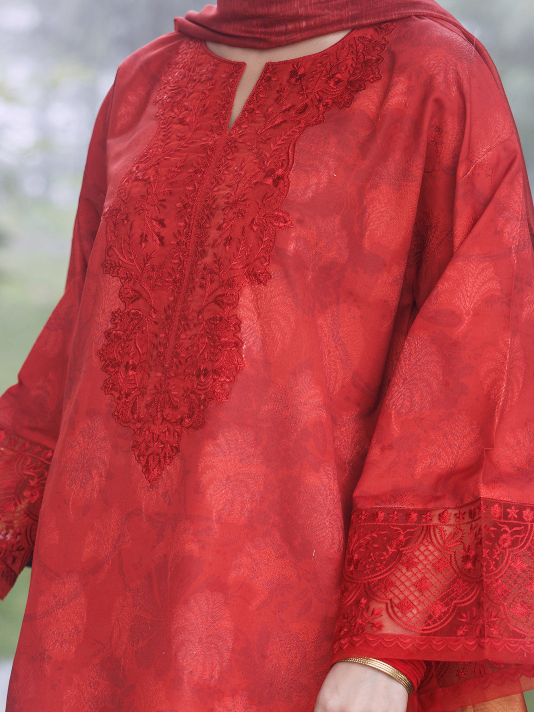 Red Poly Jacquard 3Pc Unstitched - AWP-3PS-797