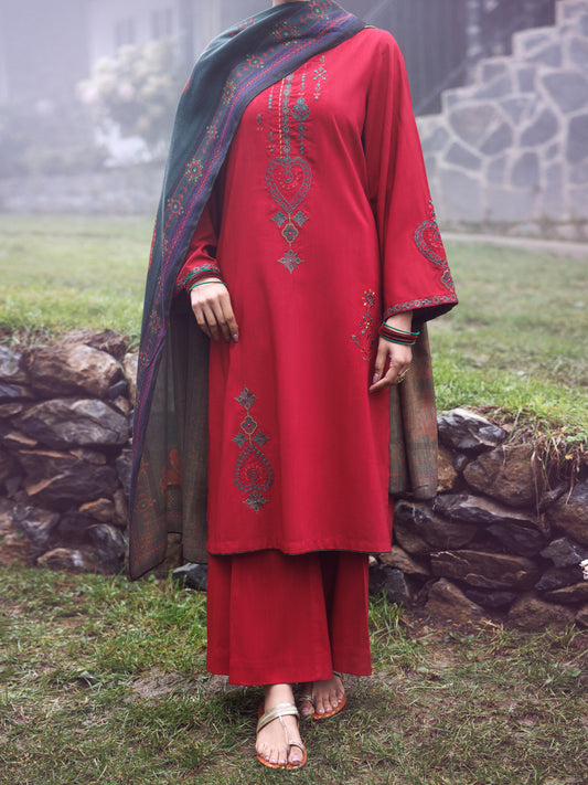 Red Poly Khaddar 3Pc Stitched - AWP-3PS-880