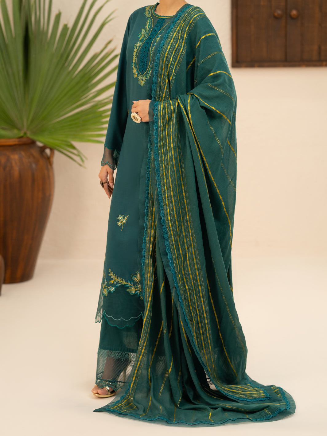 Green Cotton Cambric Stitched 3Pc - AWP-3PS-950
