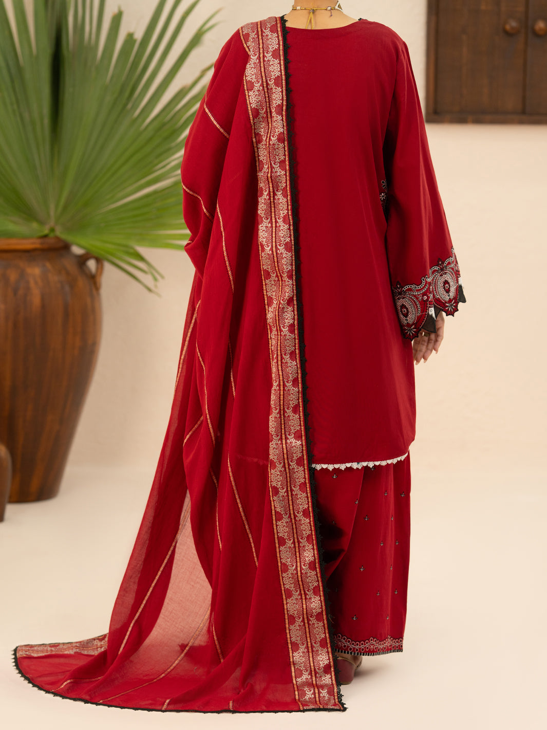Red Cotton Cambric 3Pc Stitched - AWP-3PS-951