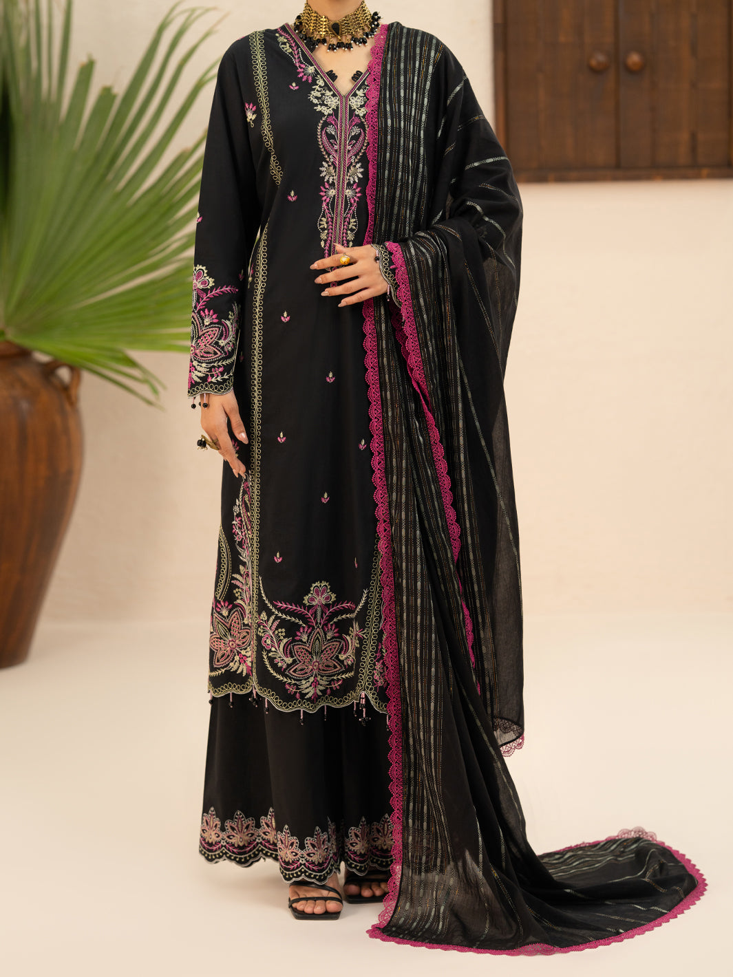 Black Cotton Cambric 3Pc Stitched - AWP-3PS-952