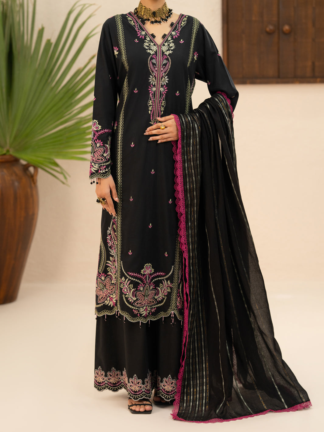 Black Cotton Cambric 3Pc Stitched - AWP-3PS-952