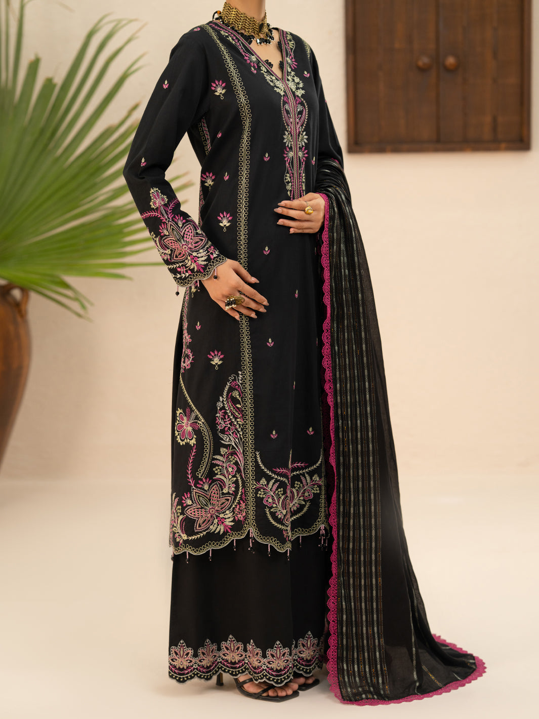 Black Cotton Cambric 3Pc Stitched - AWP-3PS-952