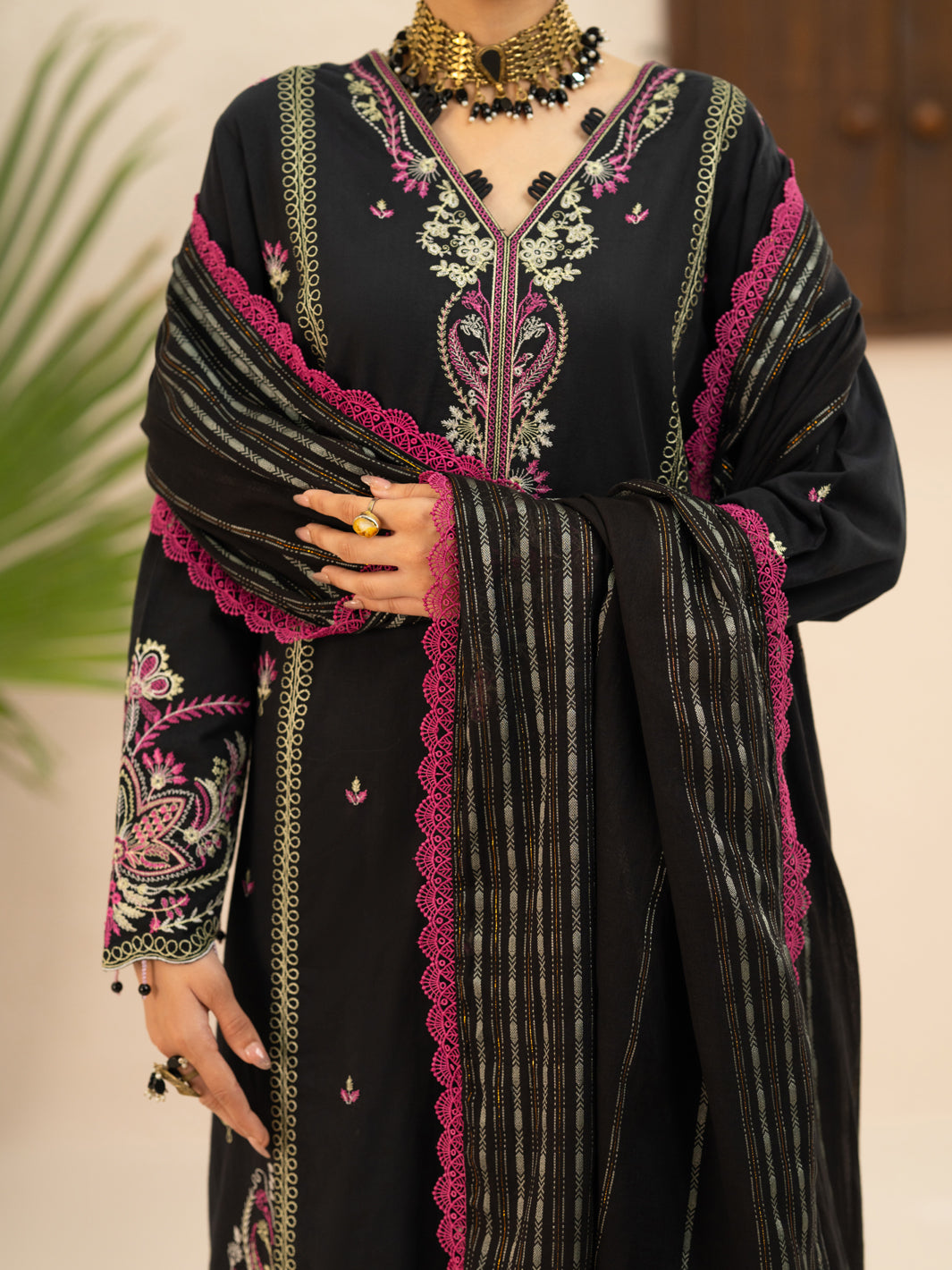 Black Cotton Cambric 3Pc Stitched - AWP-3PS-952