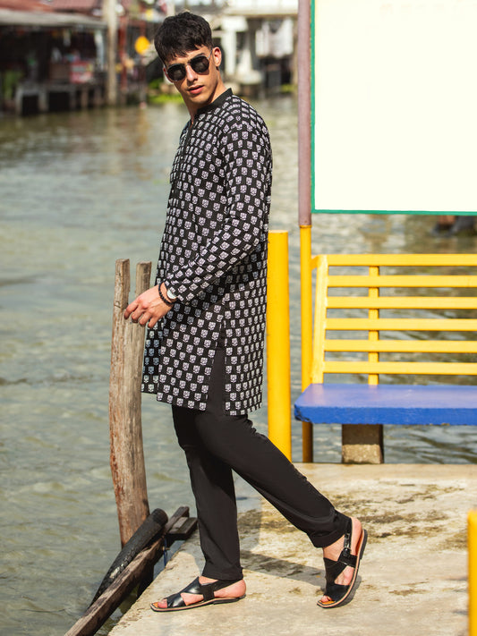 Black Cotton Kurta - AL-K-1133A - Almirah Online
