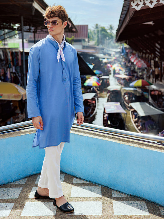 Blue Cotton Kurta - AL-K-1139B - Almirah Online