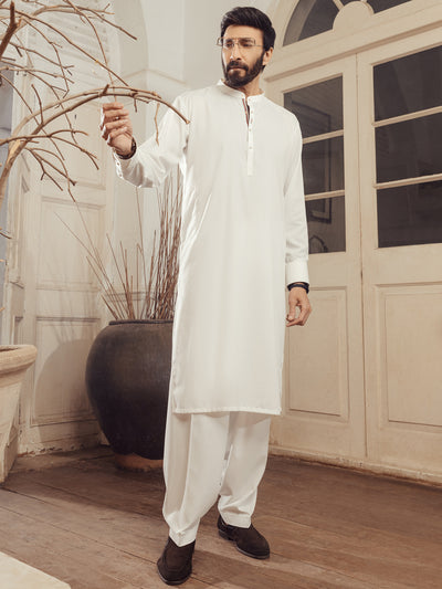 White Blended Kameez Shalwar - ALET-KS-1011 - Almirah Online