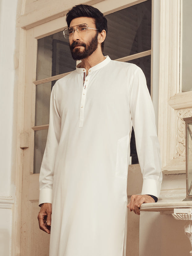 White Blended Kameez Shalwar - AL-KS-3001A - Almirah Online