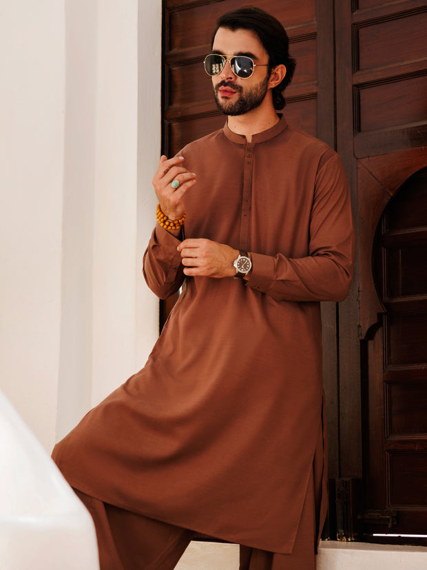 Brown Blended Kameez Shalwar - AL-KS-3151