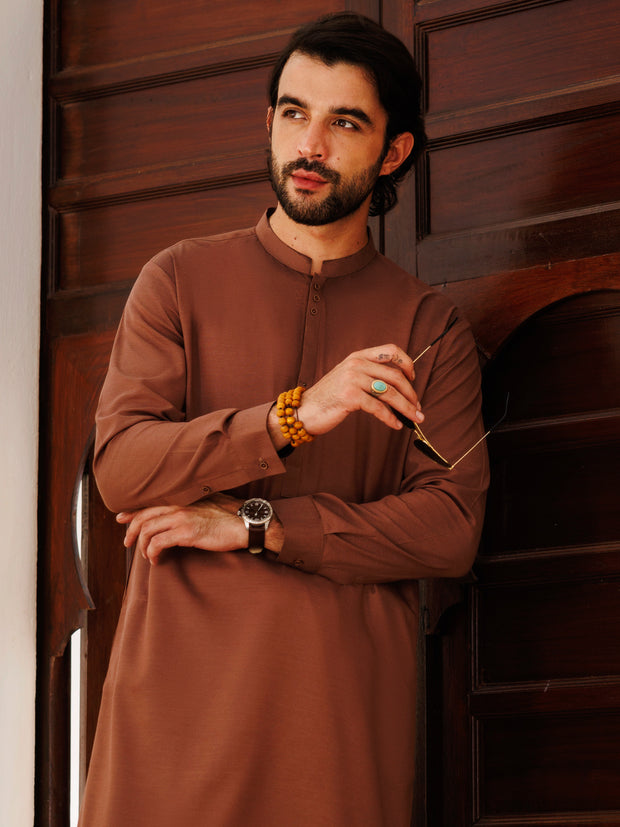 Brown Blended Kameez Shalwar - AL-KS-3151