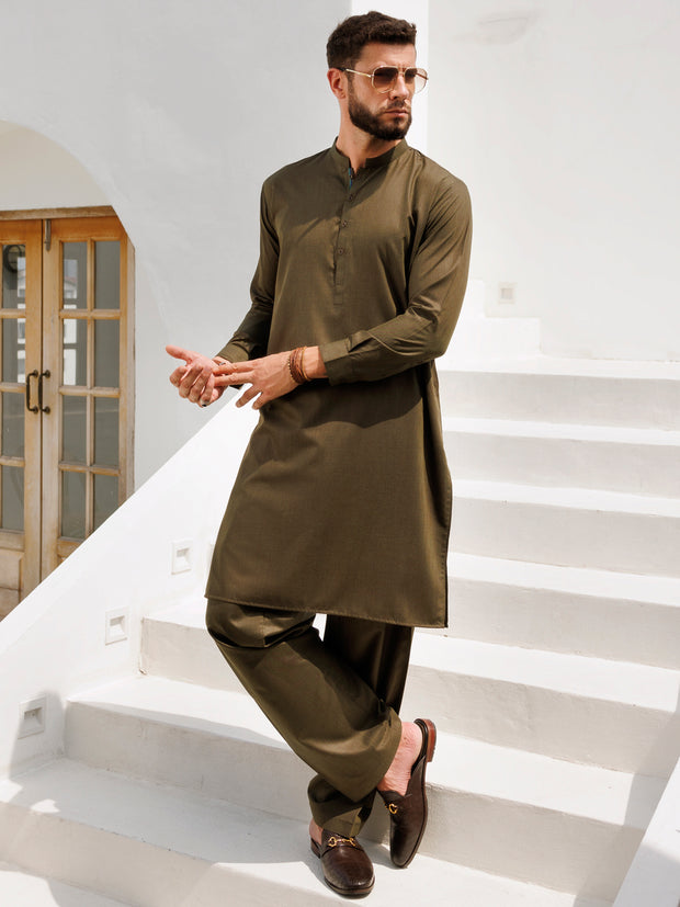 Olive Blended Kameez Shalwar - AL-KS-3159