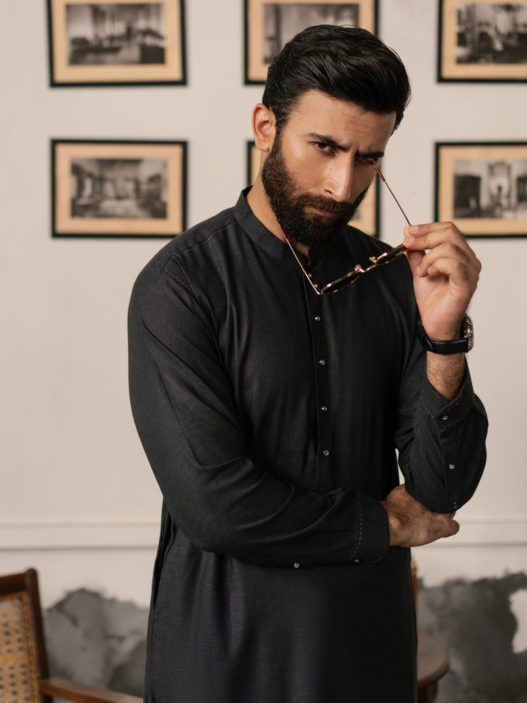 Charcoal Grey Blended Kameez Shalwar - AL-KS-3185